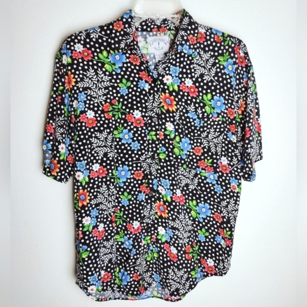 VTG Y2K Solutions Original Tropical Floral Polka Dot Button Down Blouse, M